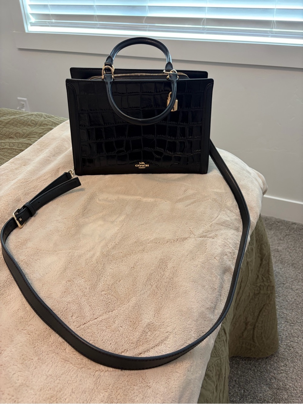 Coach Black Croc-Embossed Leather Top-Handle Satchel with Crossbody Strap